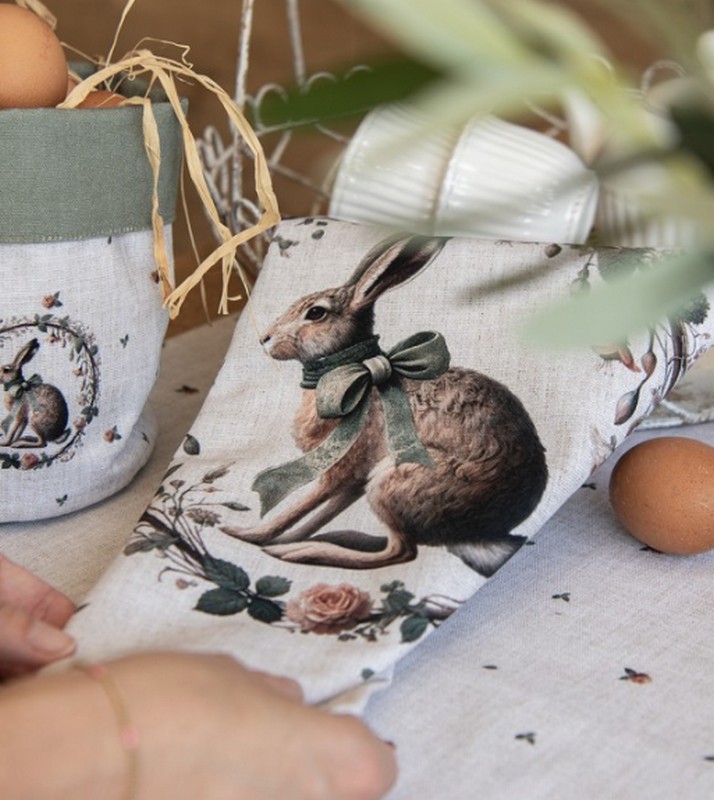 Strofinaccio da cucina in cotone decorato con lepre con fiocco rosa in ghirlanda, perfetto come regalo di Pasqua